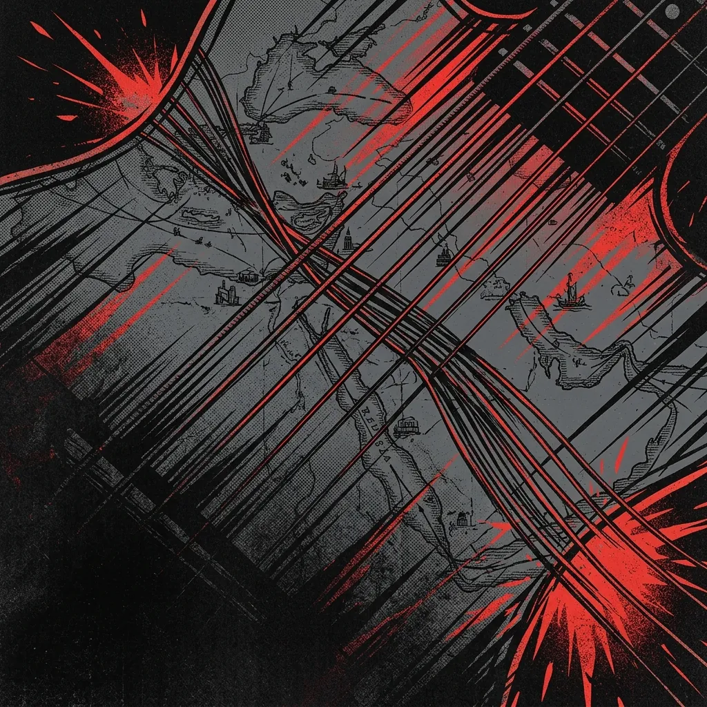 ilustración tributo de una composición abstracta con cuerdas de guitarra tensadas sobre un fondo de mapa de rutas comerciales del Medio Oriente, líneas de velocidad en diagonal, destellos rojos sobre negro, sin texto ni logotipos