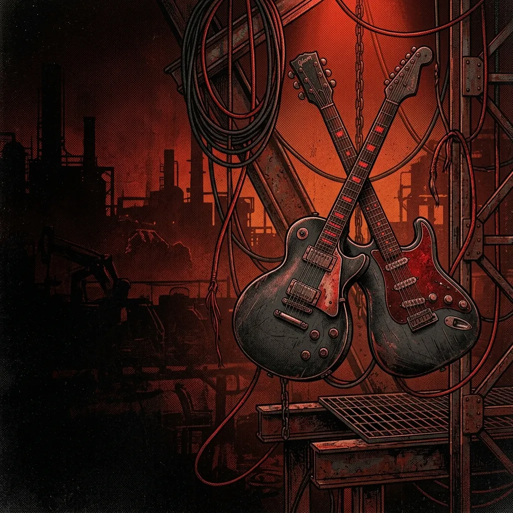 ilustración tributo de dos guitarras eléctricas cruzadas sobre un fondo de oscuridad industrial roja, cables y acero entrelazados, atmósfera de tensión y precisión técnica, paleta rojo y negro, sin rostros ni logos