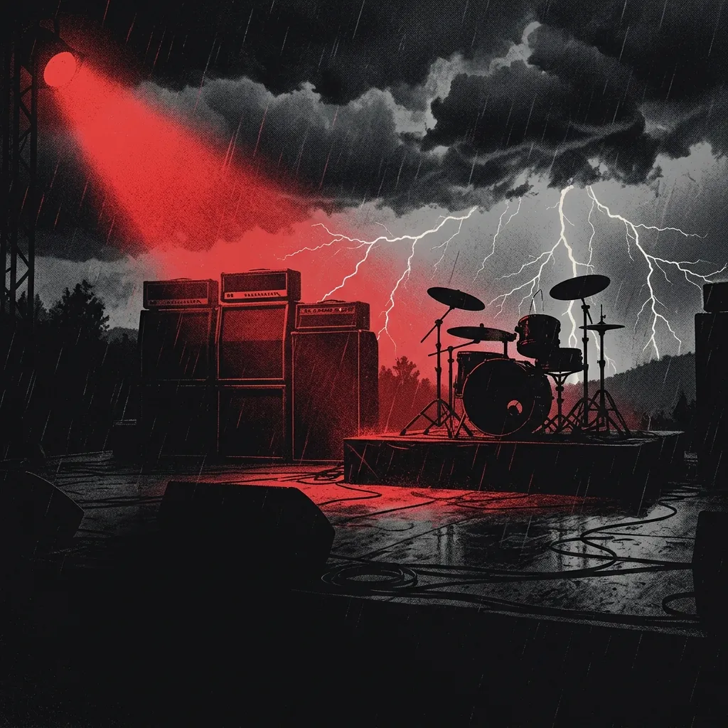 ilustración tributo de una tormenta eléctrica sobre un escenario vacío con amplificadores encendidos y baterías en silueta, destellos de luz roja sobre negro abismal, atmósfera de crisis y resiliencia, sin rostros ni logos