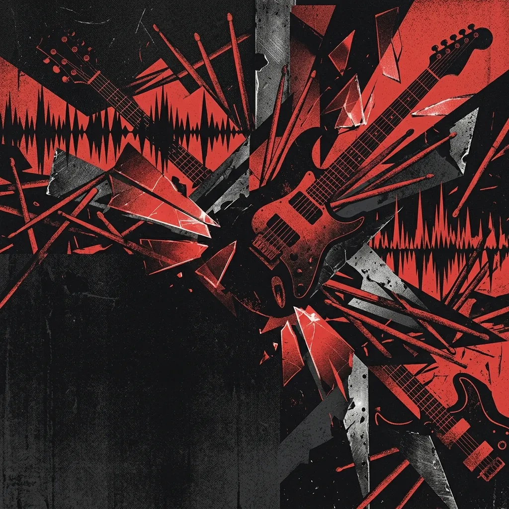 ilustración tributo de un collage de guitarras, baquetas y ondas de sonido en abstracción geométrica, paleta rojo y negro, fragmentos de acero y luz rota entrelazados, sin texto ni logotipos