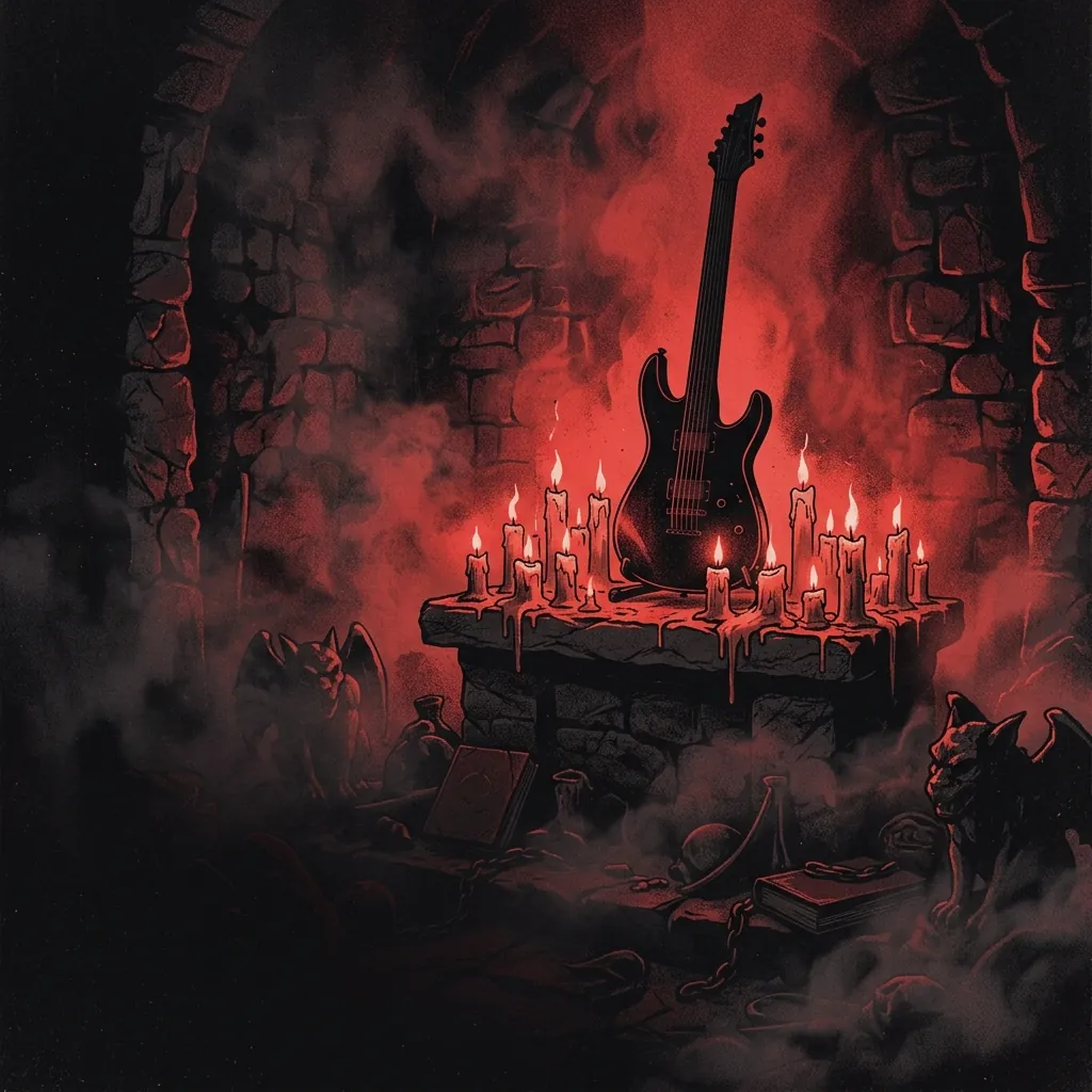 ilustración tributo de una guitarra eléctrica de cuello oscuro sobre un altar de piedra cubierto de velas y niebla densa, atmósfera death metal clásico, cripta subterránea iluminada en rojo, sin rostros reconocibles ni logos, paleta rojo y negro