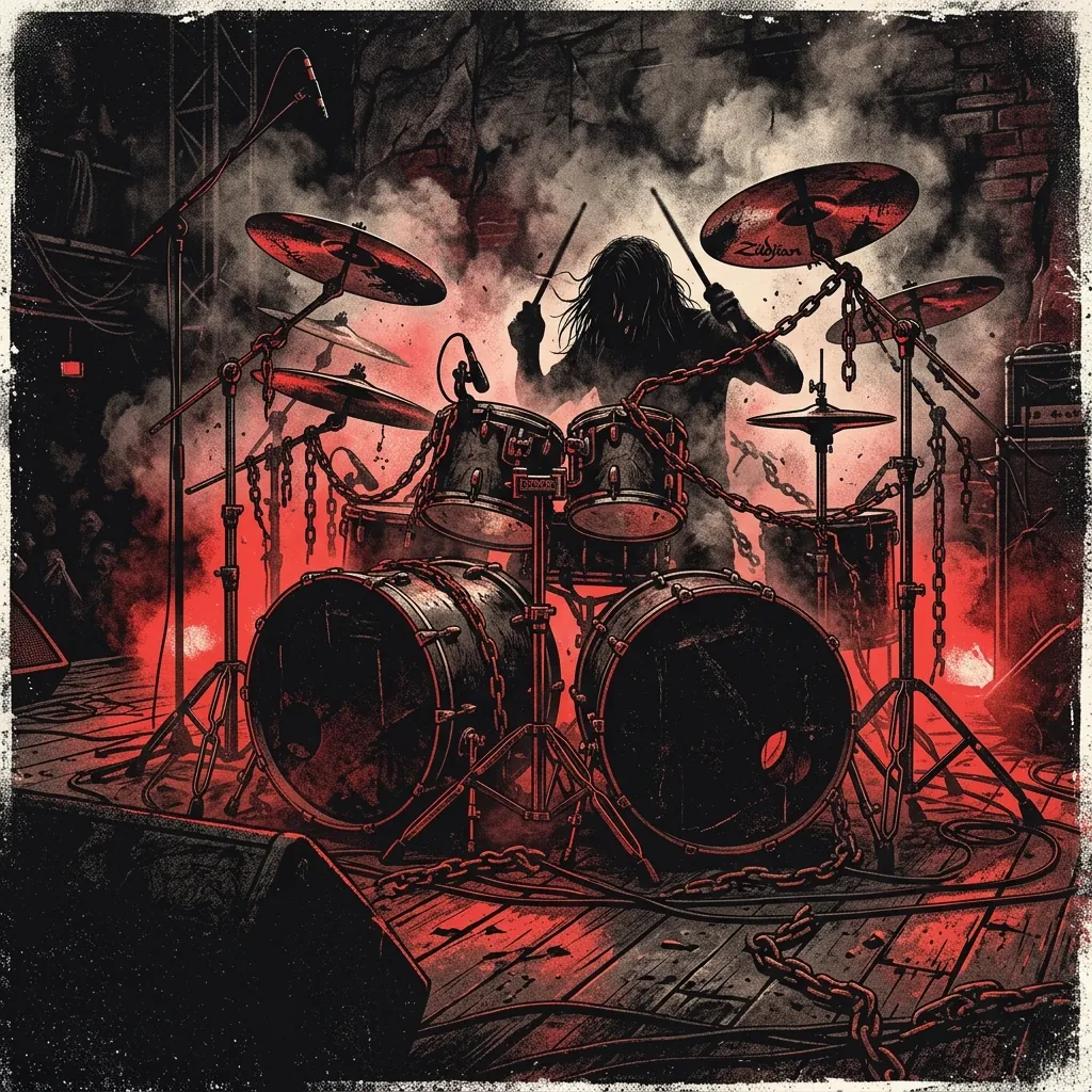ilustración tributo de una batería rodeada de humo negro y cadenas rotas sobre un escenario de madera desgastada, faros rojos desde abajo, energía death metal en vivo, sin rostros ni logos, paleta rojo y negro
