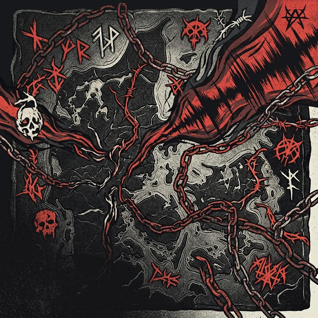 ilustración tributo de un collage de riffs representados como ondas de energía oscura sobre un fondo de mapa de Dinamarca grabado en piedra, símbolos de death metal clásico y cadenas entrelazadas, sin texto ni logotipos, paleta rojo y negro con detalles en hueso blanquecino