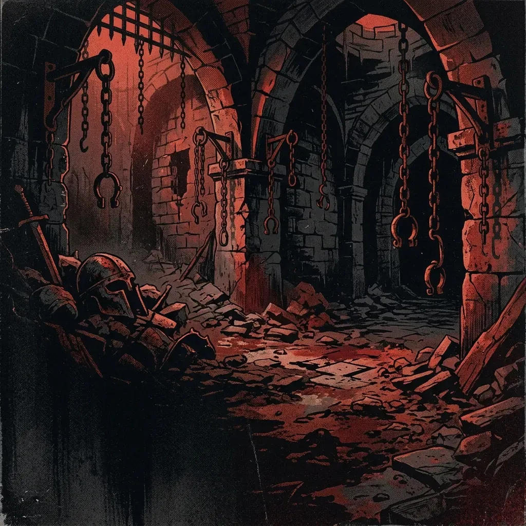 ilustración tributo de una mazmorra medieval en ruinas bajo luz mortecina, cadenas oxidadas colgando de muros de piedra ennegrecida, atmósfera death doom metal Países Bajos 1991, sin rostros reconocibles ni logos, paleta rojo sangre y negro carbón