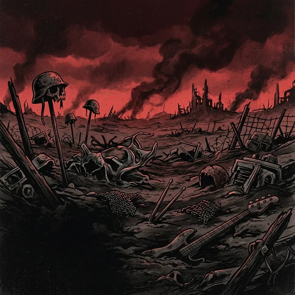 ilustración tributo de un campo de batalla devastado bajo un cielo rojo oscuro, tierra quemada y humo ascendiendo entre ruinas metálicas, atmósfera death doom años 90 europeo, sin rostros ni logos, paleta rojo carmín y negro absoluto