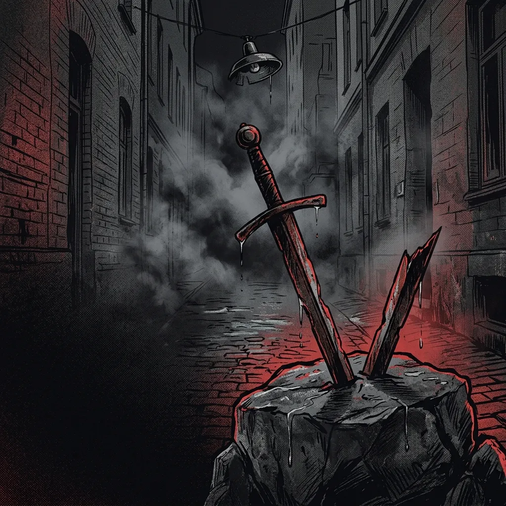 ilustración tributo de una espada medieval partida por la mitad hundida en piedra negra húmeda rodeada de niebla espesa en un callejón de Gothenburg años 90, atmósfera melodic death metal escandinavo, sin rostros reconocibles ni logos, paleta rojo y negro con destellos grises
