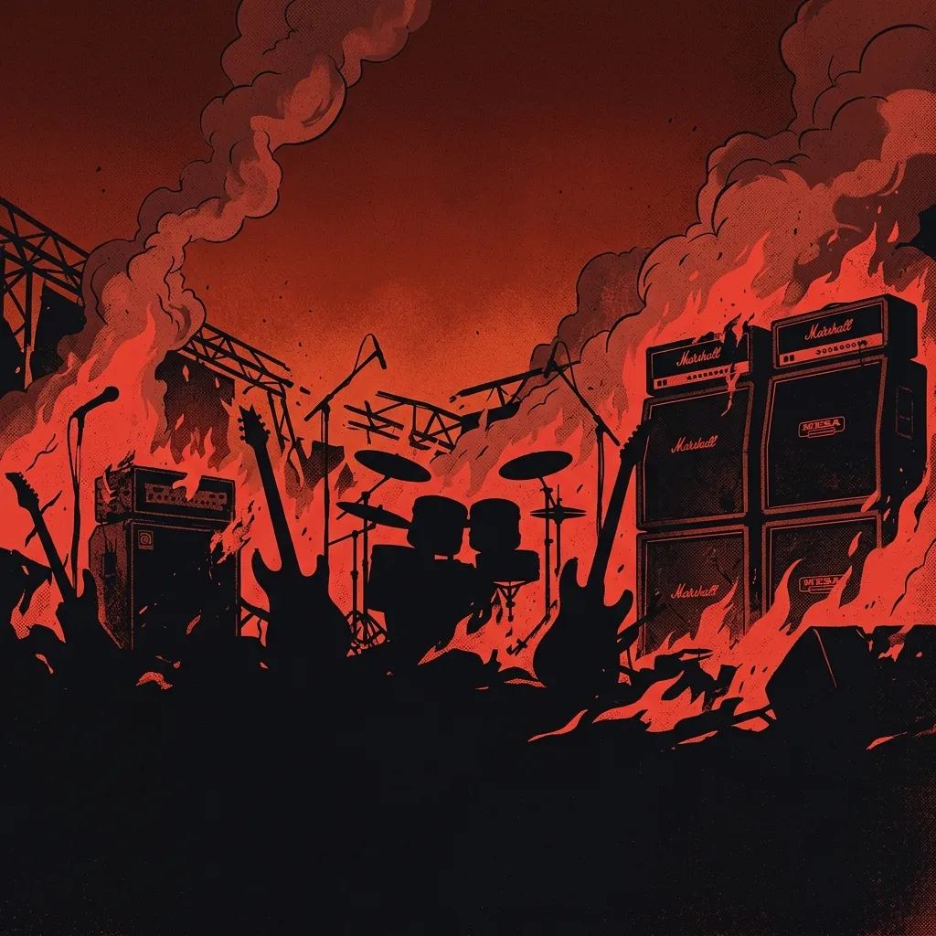 ilustración tributo de un escenario de festival de metal en llamas bajo un cielo rojo oscuro, siluetas de instrumentos y equipos de amplificación, atmósfera death metal melódico contemporáneo años 2007-2025, sin rostros ni logos, paleta rojo y negro intensa