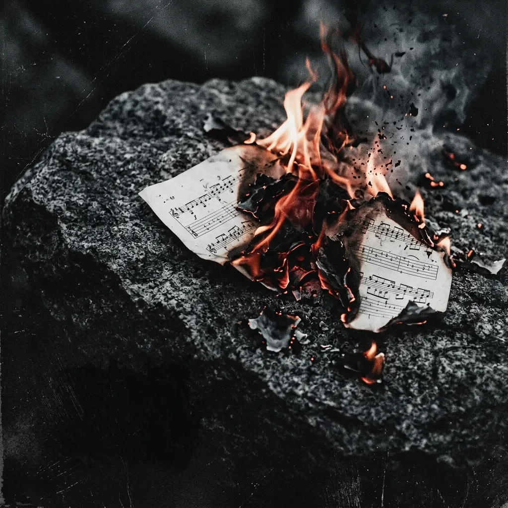 ilustración tributo de una partitura fragmentada ardiendo sobre piedra de granito gris, rodeada de llamas y notas musicales convertidas en cenizas, atmósfera melodic death metal Gothenburg, sin texto ni logotipos, paleta rojo y negro con toques de naranja oscuro