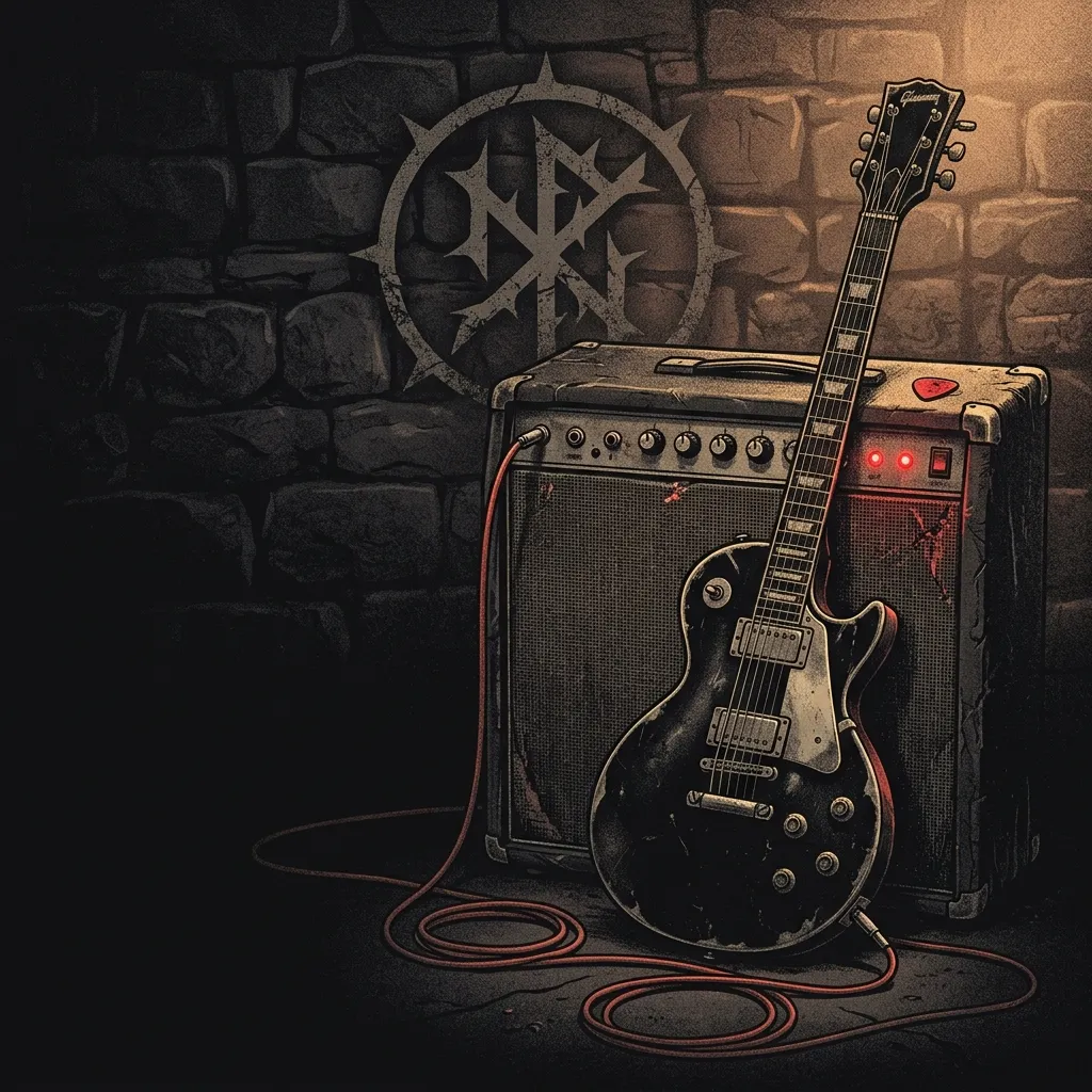 ilustración tributo de una guitarra eléctrica vintage apoyada contra un amplificador encendido en una sala de ensayo con paredes de piedra y luz cálida, atmósfera hard rock noruego años 2000, sin rostros reconocibles ni logos, paleta rojo y negro