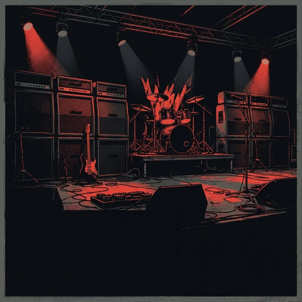 ilustración tributo de un escenario de festival con focos de luz roja y negra iluminando un stack de amplificadores y una batería imponente al fondo, atmósfera hard rock europeo años 2010, sin rostros ni logos, paleta rojo y negro
