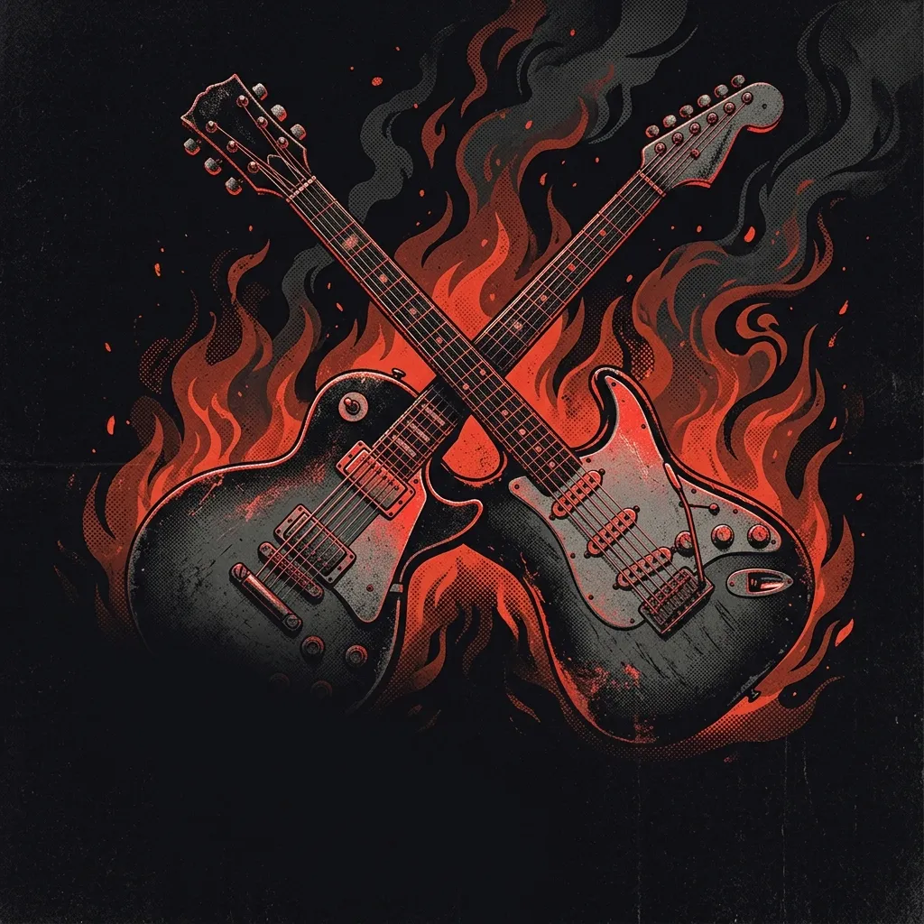 ilustración tributo de dos guitarras eléctricas cruzadas sobre un fondo de llamas y humo, detalles de cuerdas y clavijeros vintage iluminados en rojo, sin texto ni logotipos, paleta rojo y negro intensa