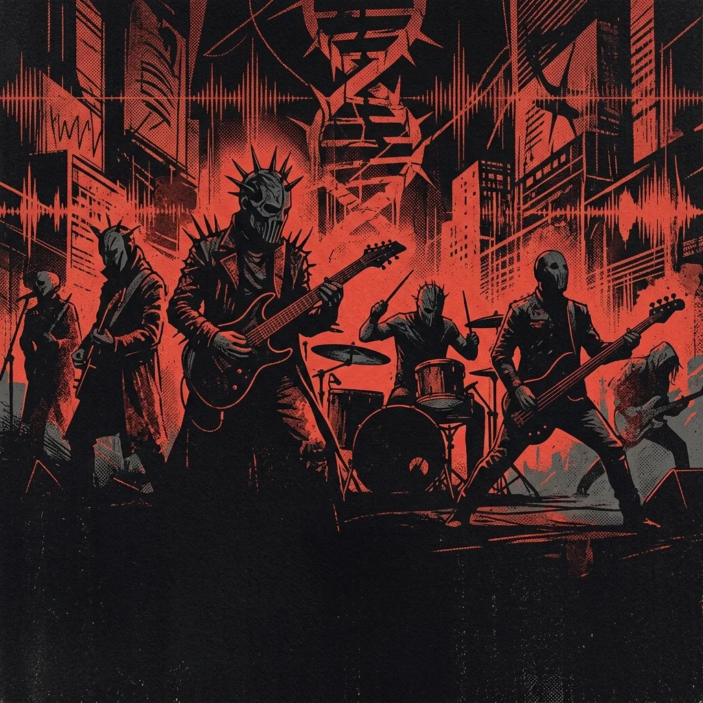ilustración tributo de máscaras conceptuales y siluetas con instrumentos sobre un fondo de paisaje sonoro abstracto, atmósfera épica y enigmática, paleta rojo y negro, sin rostros reales ni logos