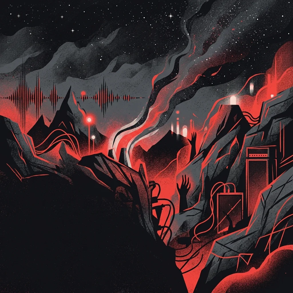 ilustración tributo de un paisaje sonoro épico con ondas y luces que se elevan hacia un cielo nocturno, atmósfera emotiva e instrumental, paleta rojo y negro, sin rostros ni logos