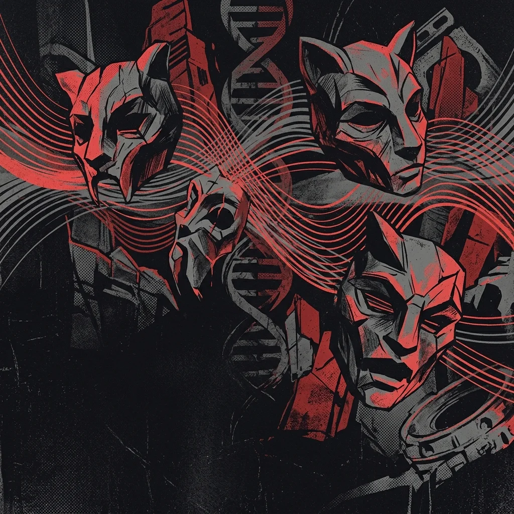 ilustración tributo de máscaras conceptuales flotando entre ondas de sonido y luz, atmósfera onírica e instrumental, paleta rojo y negro, sin rostros reales ni logotipos