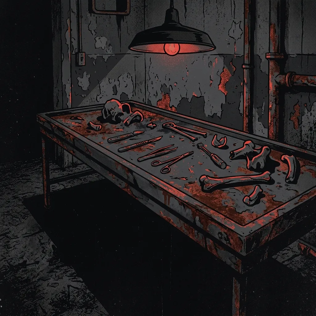 ilustración tributo de una mesa de autopsia de metal oxidado en un sótano oscuro, bisturíes y huesos abstractos, atmósfera de morgue californiana años 80, paleta rojo y negro, sin rostros reconocibles ni logos