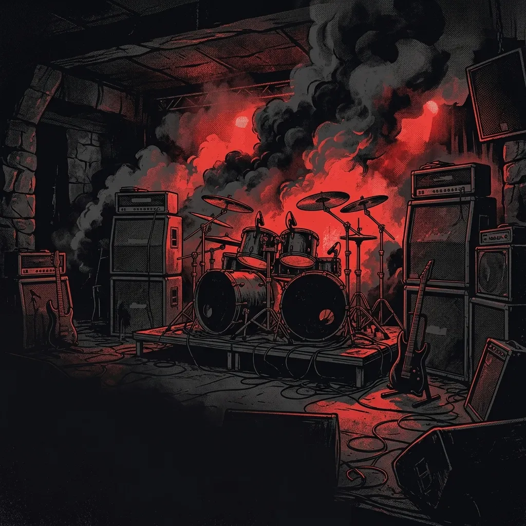 ilustración tributo de un escenario de metal extremo subterráneo con amplificadores y una batería rodeada de humo negro y luz roja, atmósfera death metal californiano años 90 y 2010s, sin rostros ni logos, paleta rojo y negro