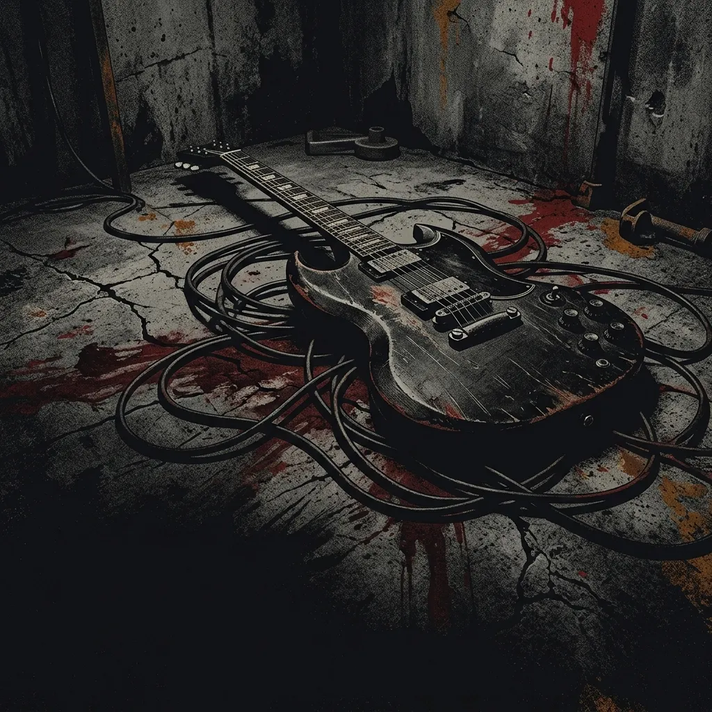 ilustración tributo de una guitarra eléctrica distorsionada sobre concreto agrietado manchado de rojo oscuro, cables enredados como vísceras abstractas, atmósfera death-doom californiano sin tiempo ni espacio definidos, sin texto ni logotipos, paleta rojo y negro con ocres oscuros