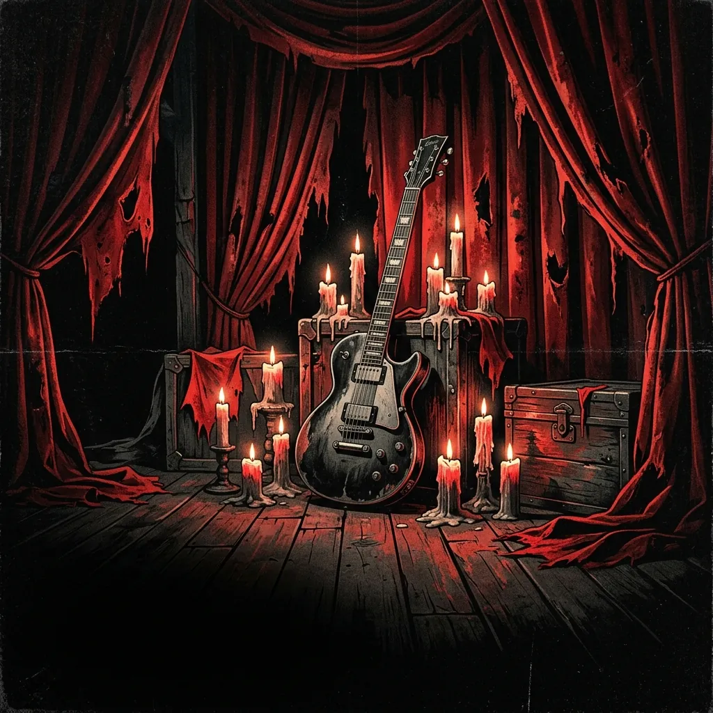 ilustración tributo de una guitarra eléctrica apoyada sobre un tablado de circo antiguo rodeado de velas encendidas y cortinas de terciopelo rojo rasgadas, atmósfera melodic death metal sueco de principios de los 2000, sin rostros reconocibles ni logos, paleta rojo y negro