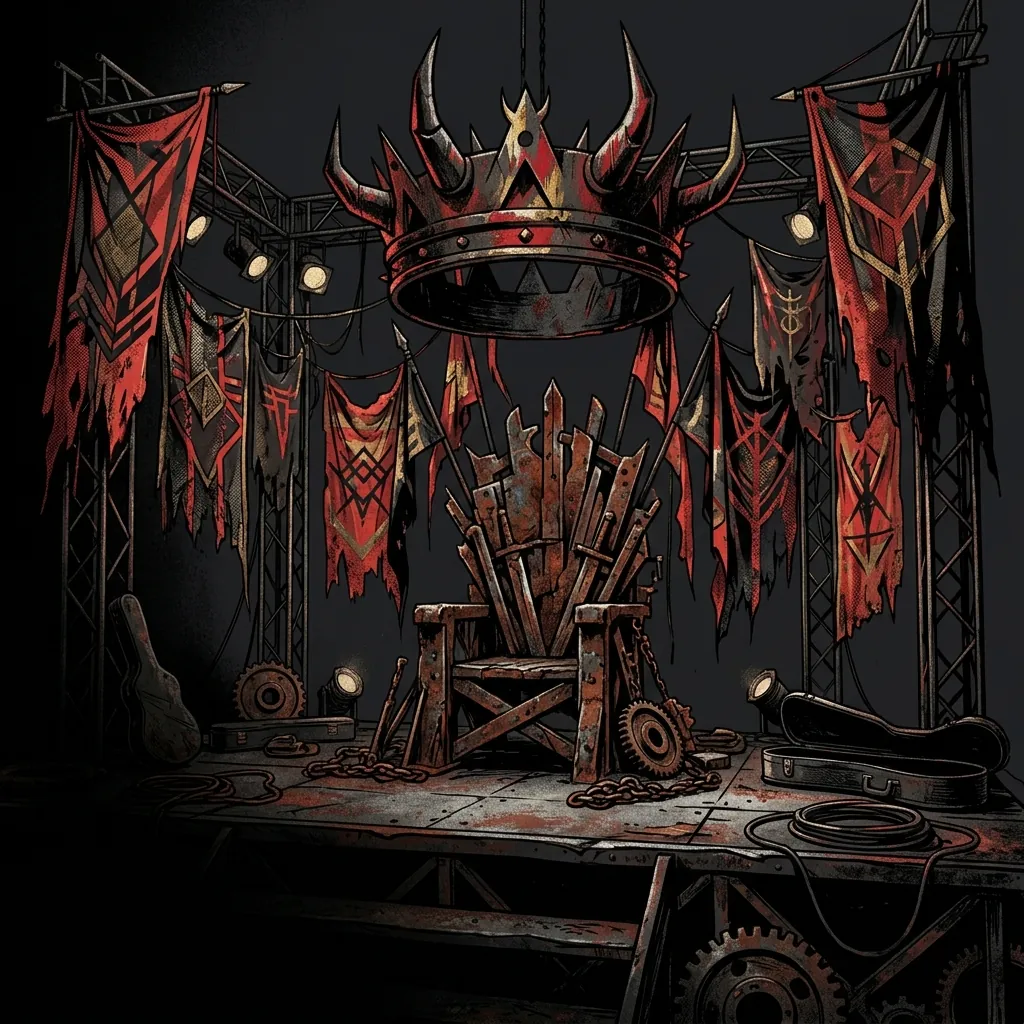 ilustración tributo de un trono de hierro oxidado bajo una corona de cuernos y banderas rotas en un escenario de metal teatral, atmósfera de circo oscuro y heavy metal conceptual, sin rostros ni logos, paleta rojo y negro con destellos dorados