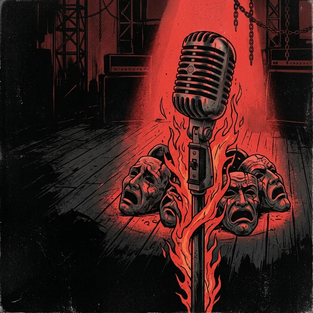 ilustración tributo de un micrófono vintage rodeado de llamas y máscaras de teatro antiguas sobre un escenario de madera oscura, atmósfera heavy metal teatral y grotesco, sin texto ni logotipos, paleta rojo y negro con contraste de luz de foco