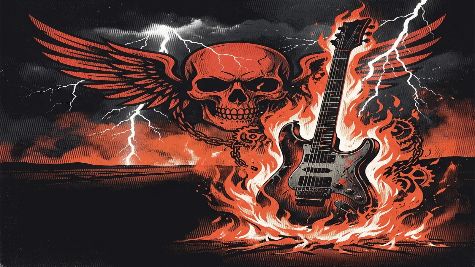 ilustración tributo de una guitarra eléctrica entre llamas con una calavera alada en el fondo y rayos que iluminan un cielo nocturno, atmósfera heavy metal southern California 2005, sin rostros reconocibles ni logos, paleta rojo y negro intensa