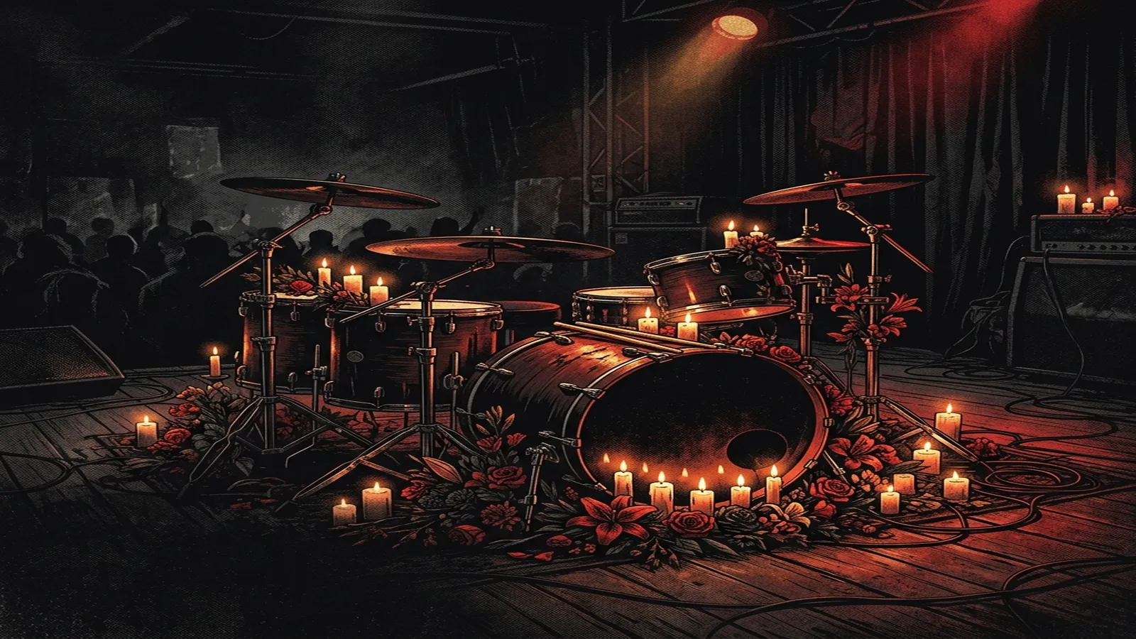 ilustración tributo de una batería rodeada de velas y flores en un escenario oscuro, homenaje a un músico caído, luz tenue que ilumina baquetas abandonadas sobre el bombo, atmósfera de duelo y metal emotivo, sin rostros ni logos, paleta rojo y negro con destellos dorados