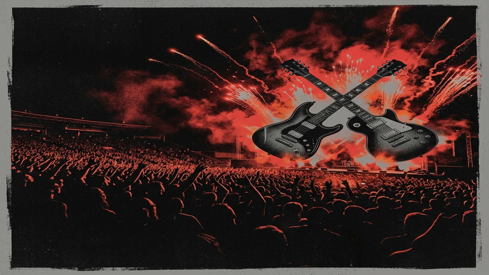 ilustración tributo de dos guitarras eléctricas cruzadas sobre un anfiteatro nocturno con pirotecnia roja y negra iluminando el cielo, energía de concierto masivo de heavy metal, sin texto ni logotipos, paleta rojo y negro con explosiones de luz