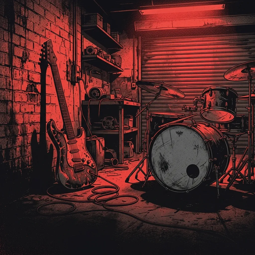 ilustración tributo de instrumentos eléctricos de metalcore —guitarra distorsionada y batería— en un ambiente industrial del sur de Alemania, atmósfera de garaje con energía cruda, paleta rojo y negro, sin rostros reconocibles ni logos