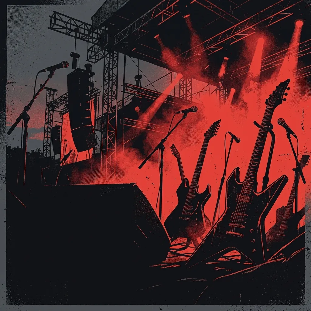 ilustración tributo de un escenario de festival europeo al anochecer con luces rojas y siluetas de guitarras y micrófonos, energía de metalcore moderno, paleta rojo y negro intensa, sin rostros ni logos