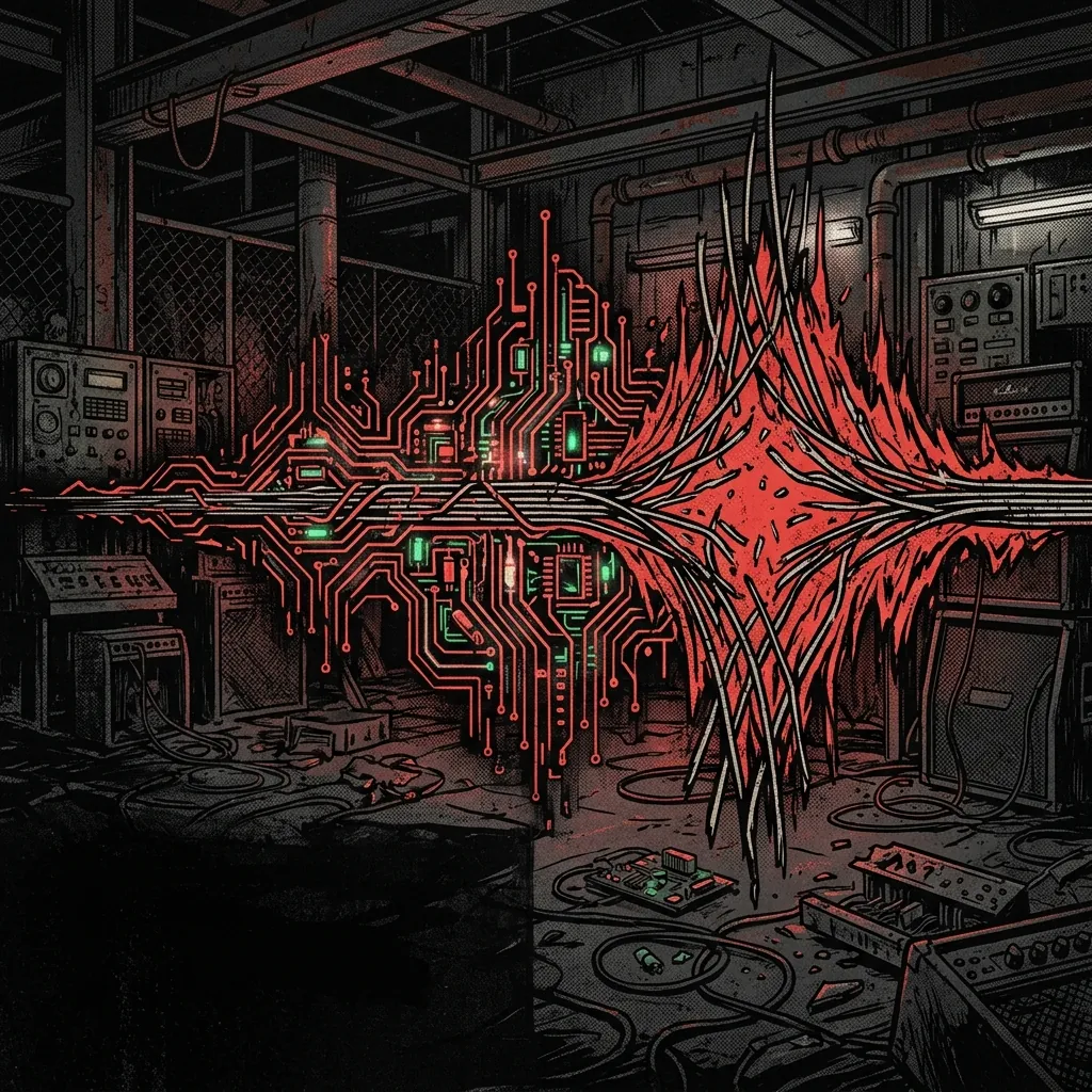 ilustración tributo de ondas sonoras que combinan circuitos electrónicos con cuerdas de guitarra distorsionadas en un espacio oscuro industrial, estética cybernética metalcore, paleta rojo y negro, sin texto ni logotipos