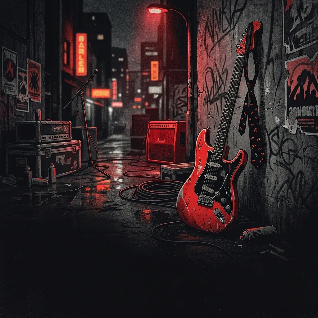 ilustración tributo de una guitarra eléctrica roja con una corbata caída sobre el mástil, fondo urbano nocturno en tonos oscuros, atmósfera rebelde y juvenil, paleta rojo y negro, sin rostros reconocibles ni logos