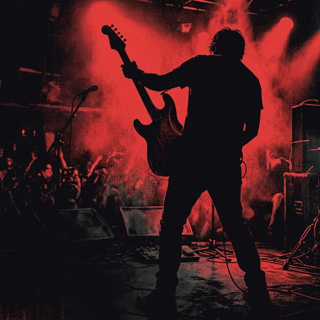 ilustración tributo de una figura de espaldas sosteniendo una guitarra eléctrica sobre un escenario bañado en luz roja, silueta intensa y poderosa, atmósfera de concierto punk, paleta rojo y negro, sin rostros ni logos