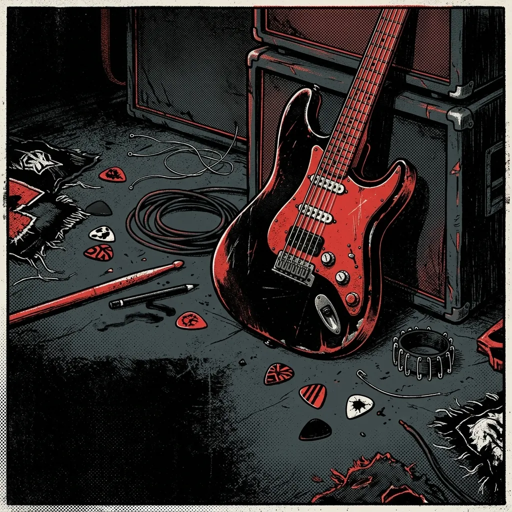 ilustración tributo de una guitarra eléctrica rodeada de elementos visuales del pop-punk —picks de guitarra, cuerdas tensas, delineador negro— sobre fondo oscuro, estética de los 2000, paleta rojo y negro, sin texto ni logotipos