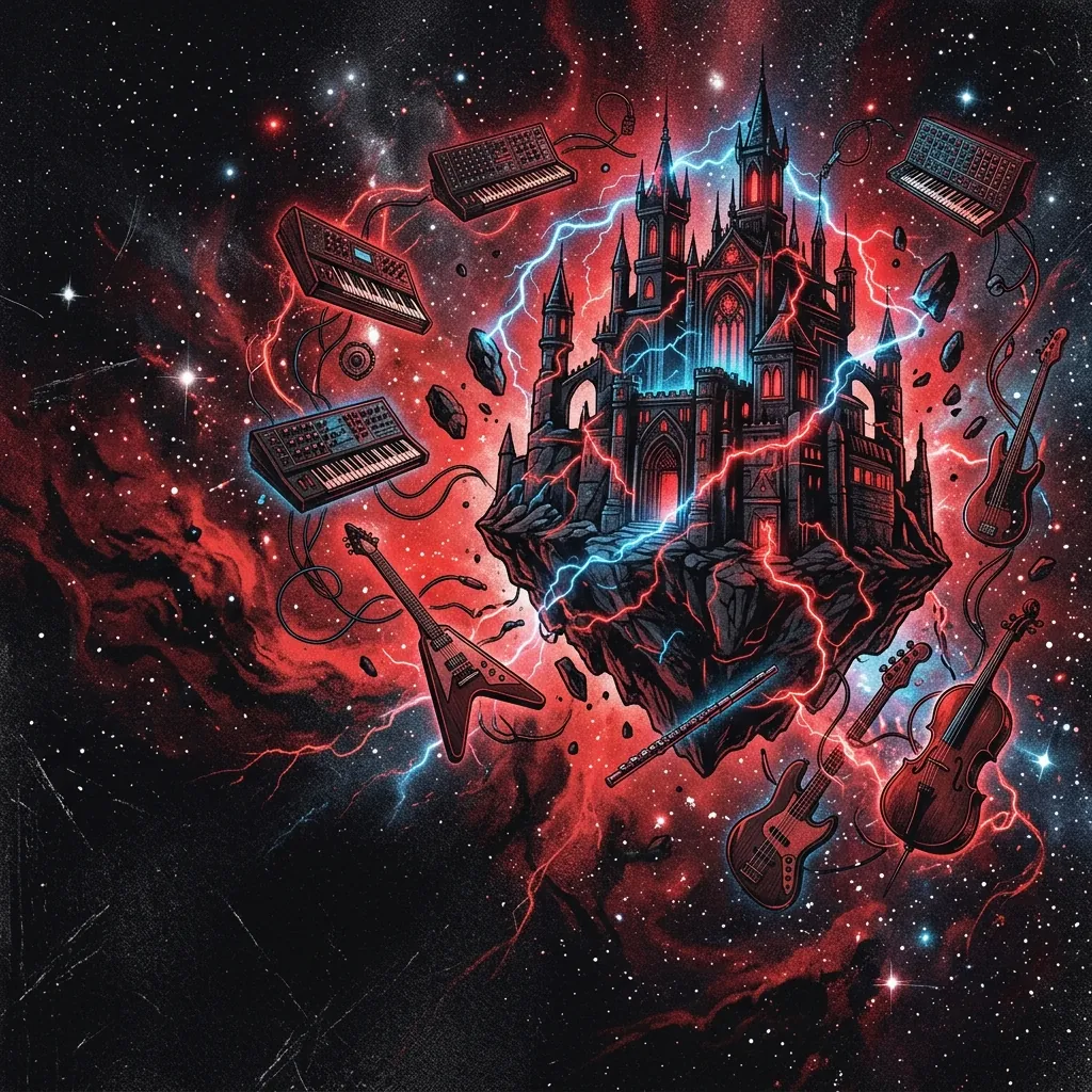 ilustración tributo de un castillo eléctrico suspendido en el cosmos, sintetizadores y guitarras flotando entre estrellas, rayos de energía azul y roja, atmósfera épica de ciencia ficción, paleta rojo y negro cósmico, sin rostros reconocibles ni logos