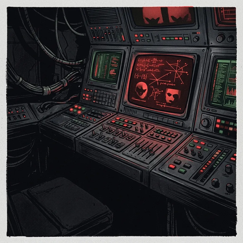 ilustración tributo de un tablero de control de nave espacial con pantallas que muestran ecuaciones y rostros en sombras, luces parpadeantes en rojo y verde, atmósfera de ciencia ficción oscura, paleta rojo y negro, sin rostros reconocibles ni logos