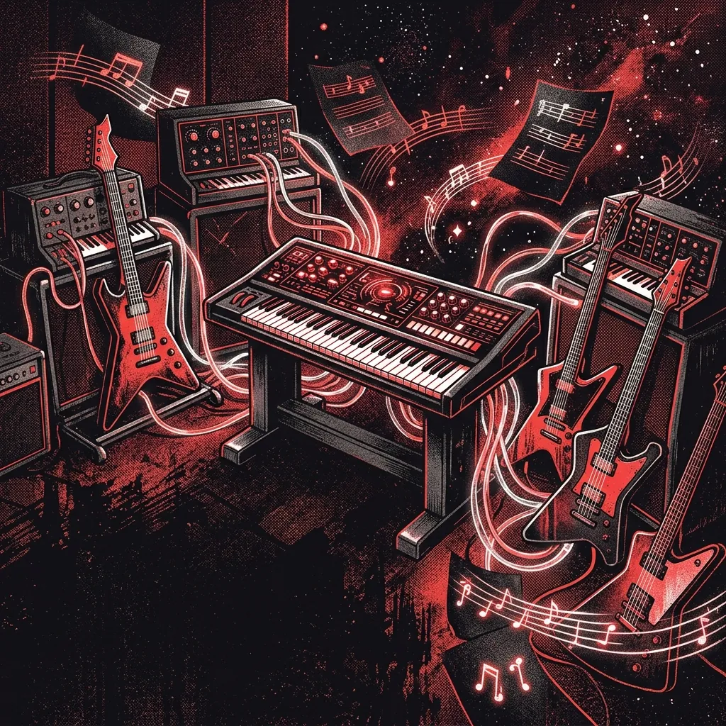 ilustración tributo de un teclado futurista rodeado de guitarras eléctricas y sintetizadores analógicos, partituras flotando entre cables de luz, atmósfera de estudio de grabación cósmico, paleta rojo y negro con destellos blancos, sin texto ni logotipos