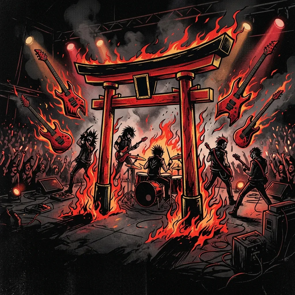 ilustración tributo de un torii rojo y negro sobre un escenario rodeado de llamas con guitarras eléctricas flotando como katanas, atmósfera de ritual kawaii metal japonés sin rostros reconocibles ni logos, paleta rojo y negro con destellos dorados