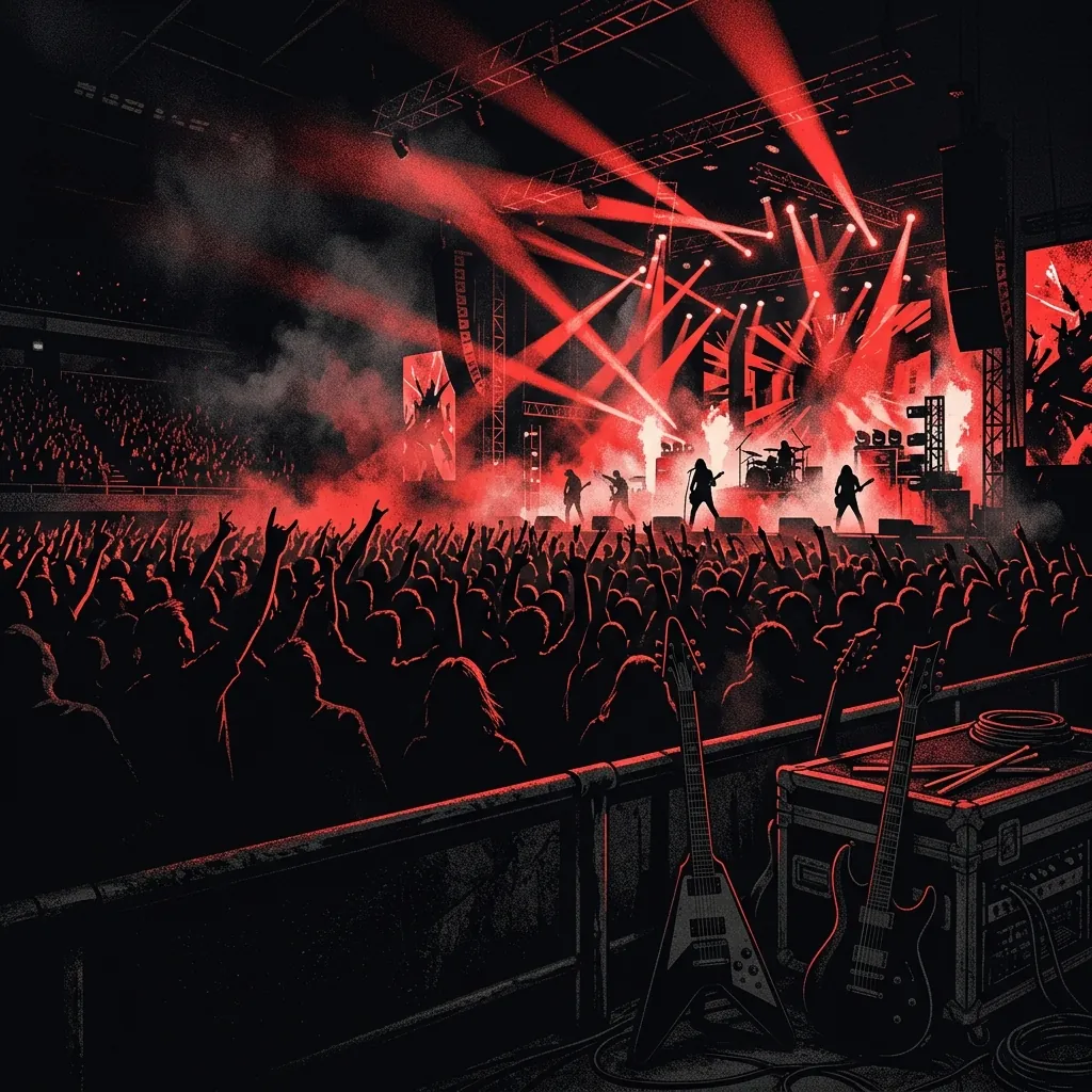 ilustración tributo de un escenario de estadio con haces de luz roja y negra proyectados sobre una multitud en silueta, guitarras eléctricas y baquetas en primer plano, atmósfera metal de arena japonés contemporáneo, sin rostros ni logos, paleta rojo y negro con niebla de hielo seco
