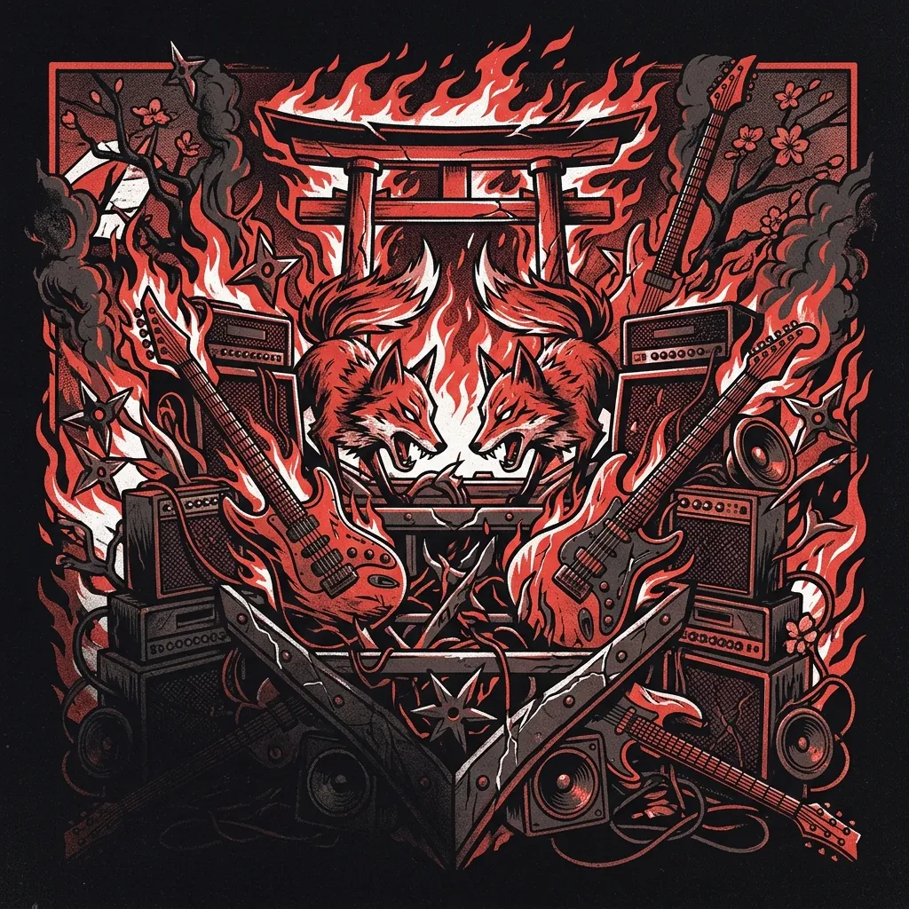 ilustración tributo de un collage de motivos japoneses —torii, shuriken, kitsune— entrelazados con guitarras eléctricas y amplificadores en llamas, composición simétrica de altar metálico, sin texto ni logotipos, paleta rojo intenso y negro profundo con destellos blancos