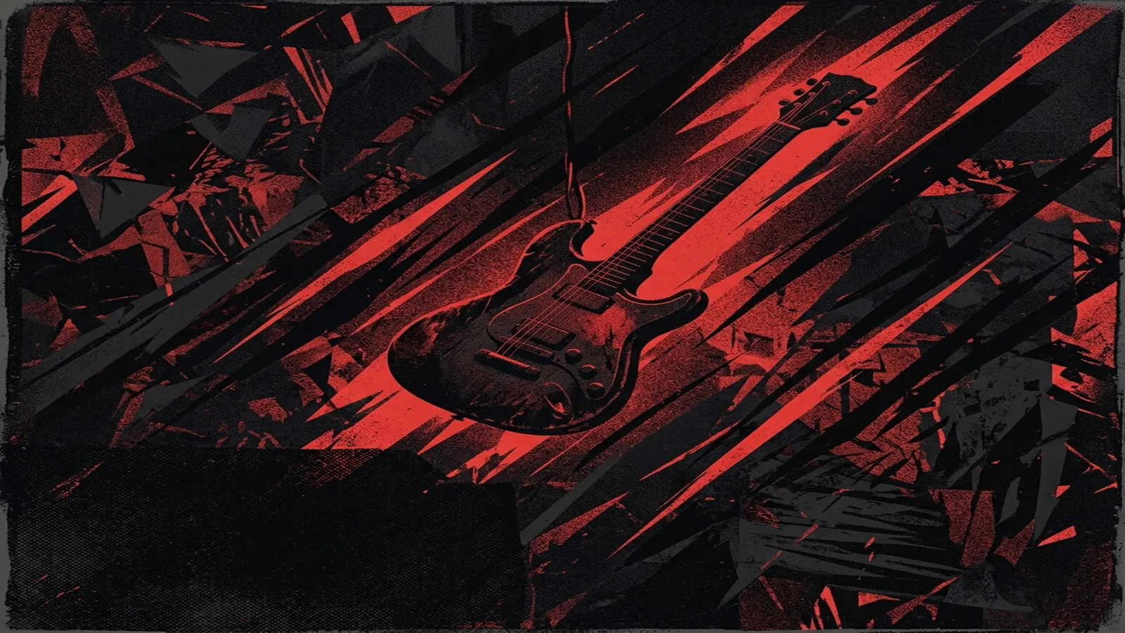 ilustración tributo de una guitarra eléctrica suspendida en un espacio oscuro atravesado por destellos rojos y negros, estética digital y oscura, sin rostros reconocibles ni logos