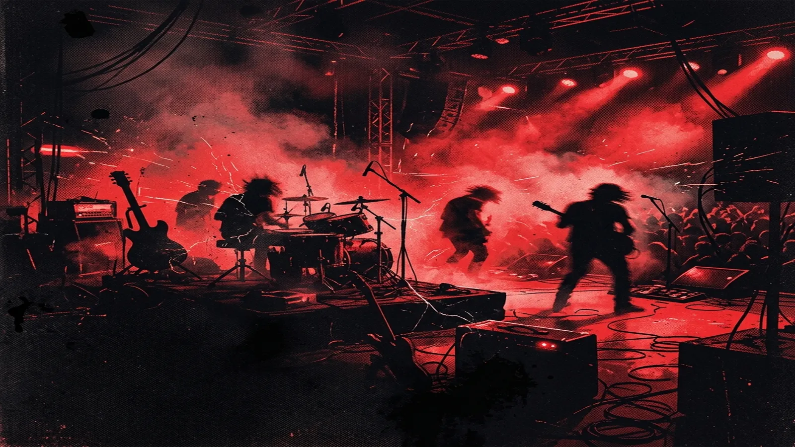 ilustración tributo de un escenario barrido por luces rojas y humo, siluetas abstractas de instrumentos, electricidad en el aire, paleta rojo y negro, sin rostros ni logos