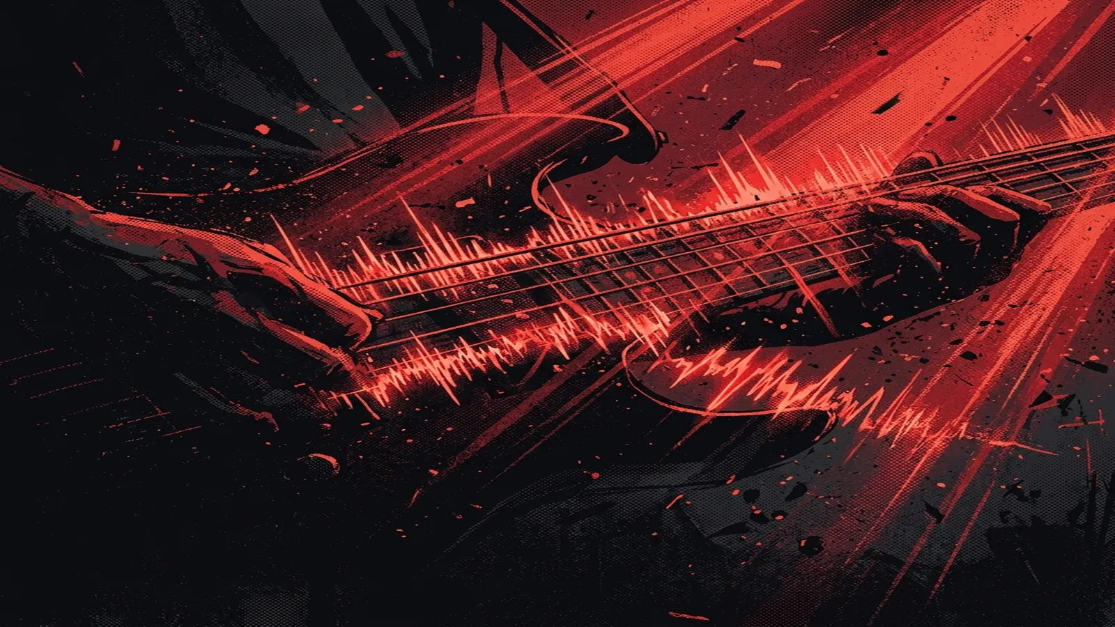 ilustración tributo de ondas sonoras digitales mezcladas con cuerdas de guitarra bajo una lluvia de luz roja, estética metalcore electrónica contemporánea, paleta rojo y negro, sin texto ni logotipos