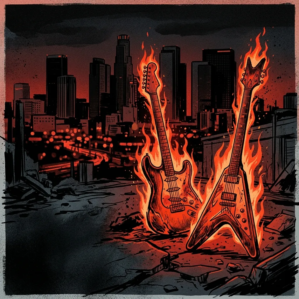 ilustración tributo de guitarras eléctricas en llamas sobre un fondo urbano nocturno, siluetas de rascacielos de Los Ángeles, paleta rojo y negro intensa, sin rostros reconocibles ni logos