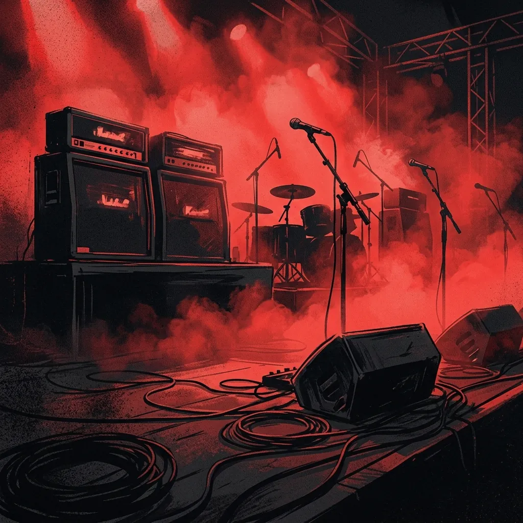 ilustración tributo de un escenario de metal envuelto en humo rojo, micrófonos y amplificadores bajo luz de emergencia, atmósfera de tensión dramática, paleta rojo y negro, sin rostros ni logos