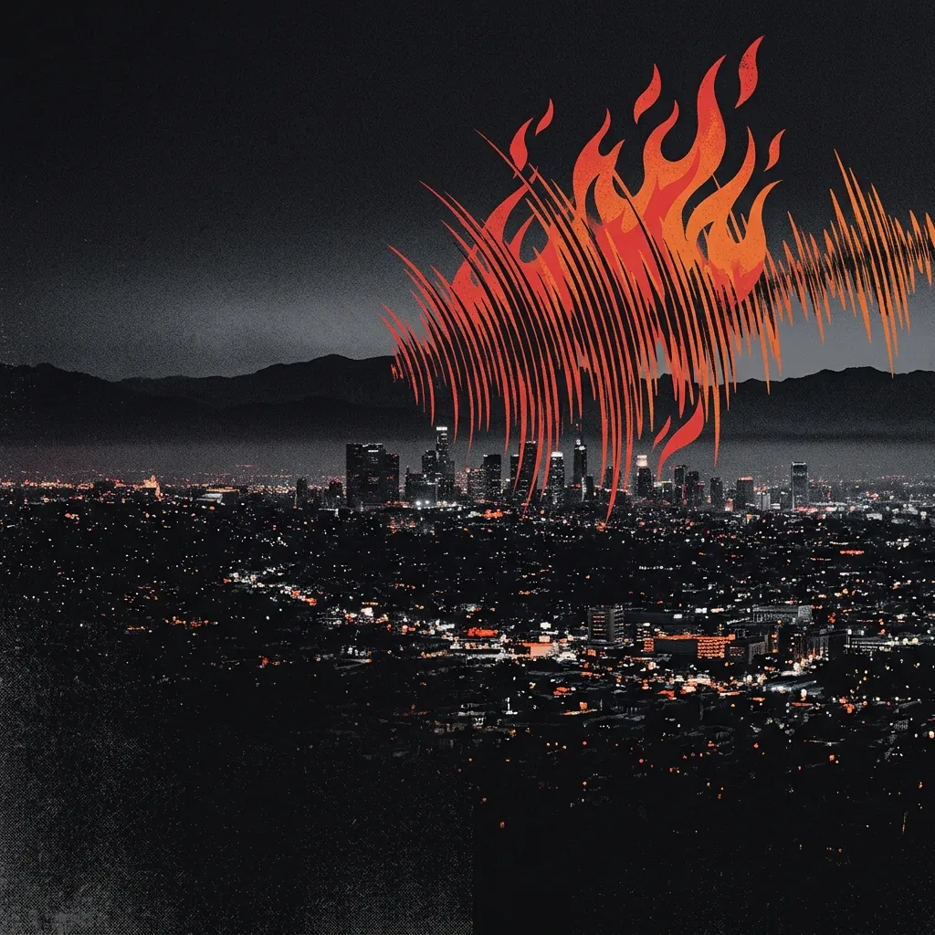 ilustración tributo de ondas de sonido que se transforman en llamas rojas y negras sobre un fondo de ciudad nocturna, estética de metal alternativo moderno de Los Ángeles, sin texto ni logotipos