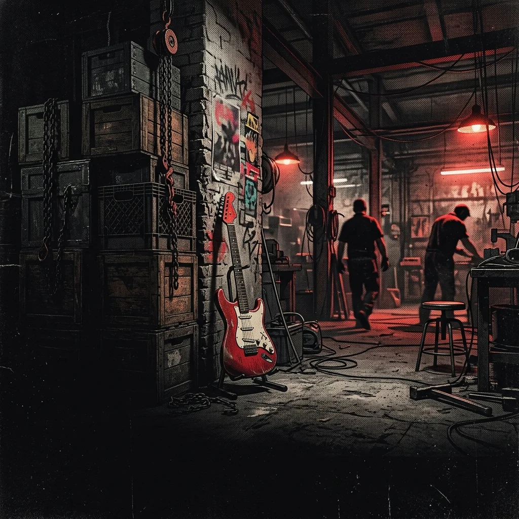 ilustración tributo de una bodega industrial con cajas y una guitarra eléctrica, atmósfera obrera de barrio, paleta rojo y negro, sin rostros ni logos