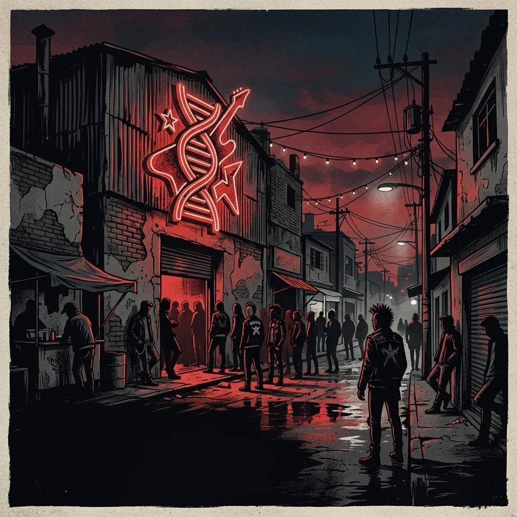 ilustración tributo de una calle de barrio obrero del Estado de México al anochecer con un foro de rock, atmósfera urbana cruda, paleta rojo y negro, sin rostros ni logos