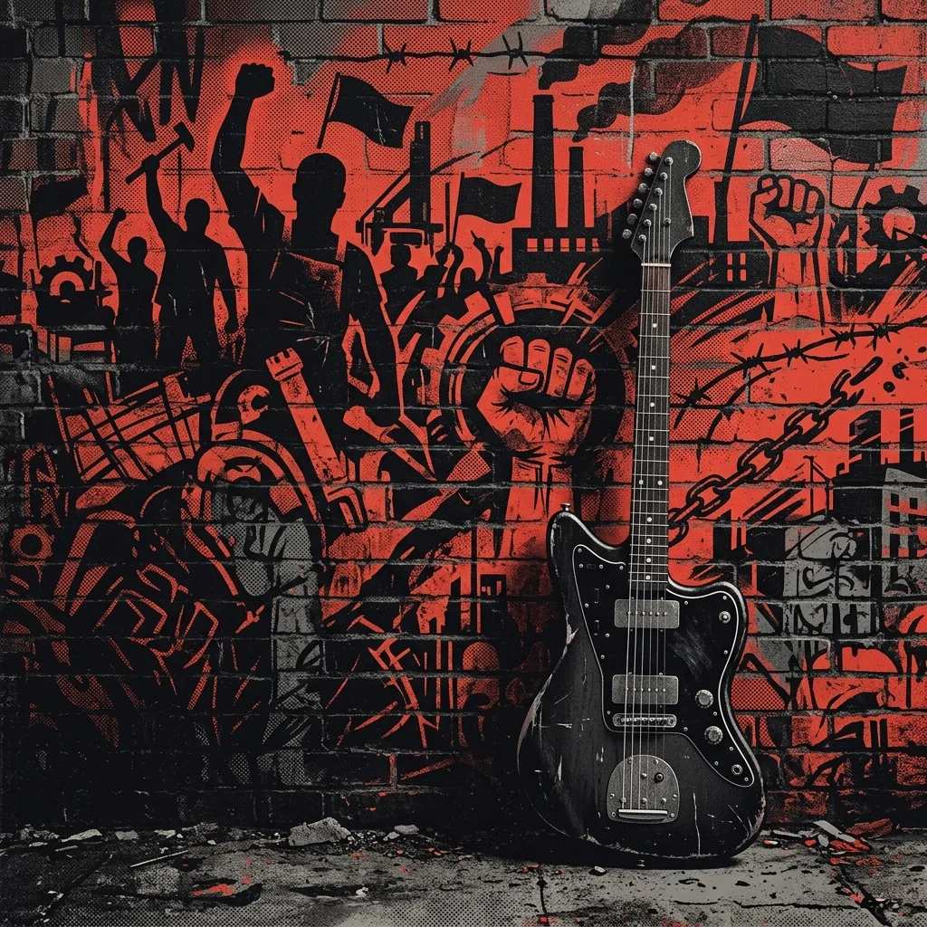 ilustración tributo de una guitarra eléctrica recargada en una pared con murales de barrio, atmósfera obrera y combativa, paleta rojo y negro, sin texto ni logotipos
