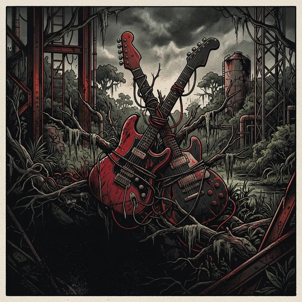 ilustración tributo de guitarras eléctricas entrelazadas sobre un fondo de estructuras industriales y naturaleza desbordante del sur de Estados Unidos, atmósfera densa y expansiva, paleta rojo y negro, sin rostros reconocibles ni logos