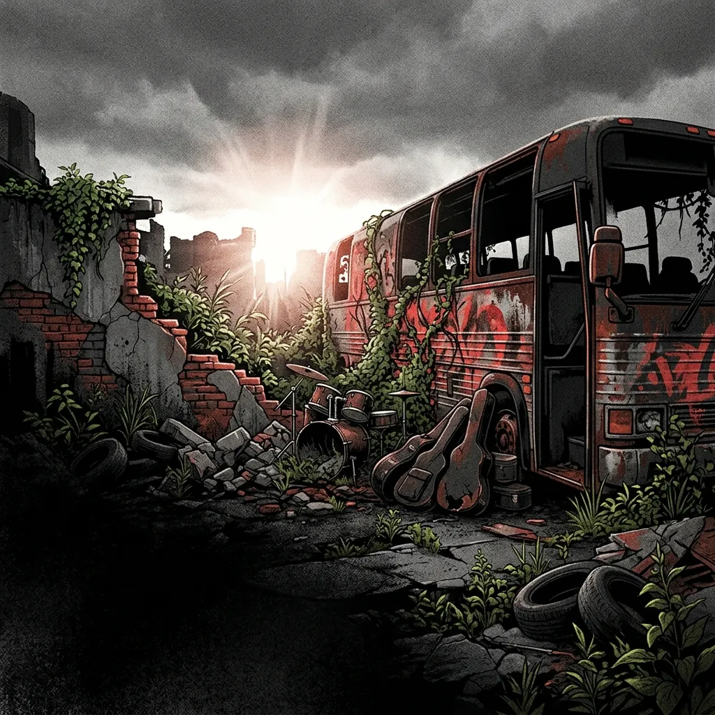 ilustración tributo de un autobús de gira entre ruinas y vegetación renaciente, luz al fondo como símbolo de resiliencia, atmósfera oscura con destellos cálidos, paleta rojo y negro, sin rostros ni logos